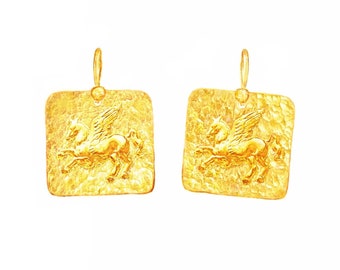 Custom Solid 24K 9999 Gold 12g and 33g, 35mm and 55mm Hammered Convex Pegasus Ancient Greece Ancient Rome Square Earrings Can Be 22k