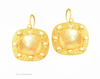 Custom Solid 24K 9999 Gold 12.5g and 44g, 35mm and 55mm Shiny Convex Hammered Squares Byzantine Empire Earrings Can Be 22k