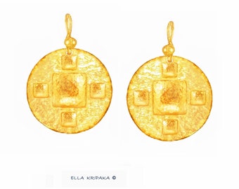 Custom Solid 24K 9999 Gold 28g 55mm Hammered Byzantine Empire Convex Pattern Disks Earrings Shiny Can Be 22k