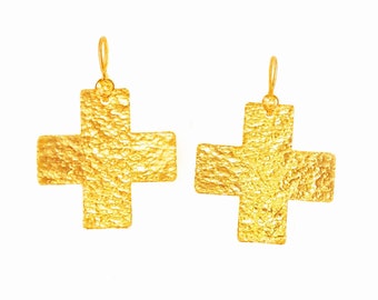 Custom Solid 24K 9999 Gold 25g 55mm Hammered Organic Cross Earrings Shiny Can Be 22k