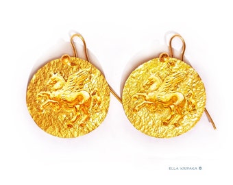 Custom Solid 24K 9999 Gold 29g 55mm Hammered Convex Pegasus Ancient Greece Ancient Rome Fine Gold Earrings Can Be 22k