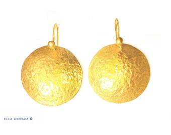 Custom Solid 24K 9999 Gold 11g and 38g, 35mm and 55mm Hammered Dome Disks as in Ancient Rome Earrings Shiny Can Be 22k