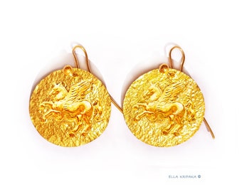 Custom Solid 24K 9999 Gold 10g and 29g, 35mm and 55mm Hammered Convex Pegasus Ancient Greece Ancient Rome Earrings Can Be 22k