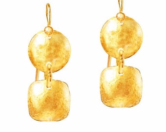 Custom Solid 24K 9999 Gold 11.5g and 18g, 42mm and 54mm Hammered Ancient Rome Convex Disks And Squares Earrings Shiny Can Be 22k