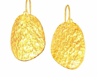 Custom Solid 24K 9999 Gold 26g Length 55mm Hammered Organic Uneven Fine Gold Earrings Shiny Custom Can Be 22k