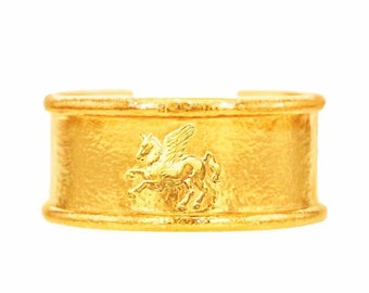 Custom Solid 22k 92.5% Gold 95g Width 30mm Hammered Ancient Greece Ancient Rome Pegasus Bracelet Cuff Thick 3.2mm Durable Women Men 24k