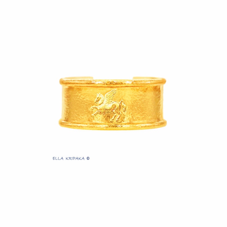 Custom Solid 22k 92.5% Gold 75g, 30mm Hammered Ancient Greece Ancient Rome With Pegasus Bracelet Cuff Thick 2.6mm Durable Women Men 24k image 3