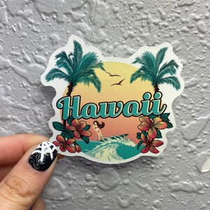 Hawaii Palm Tree Ocean Sunset Surfs Up Aloha, Vinyl Waterproof Sticker for Laptop or Hydroflask