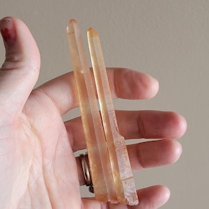 May include: Three translucent, light orange quartz crystal points are held in a hand. The crystals have a natural, pointed shape and varying internal patterns. The background is a neutral, light beige color.