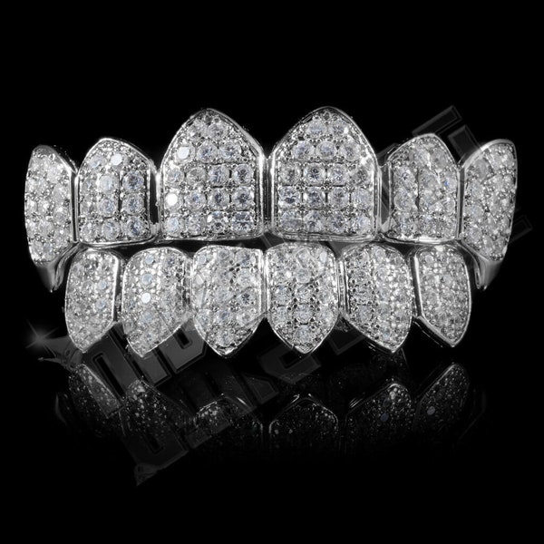 18K White Gold Plated Custom GRILLZ Silver CZ Vampire Fang Top Bottom Teeth Set