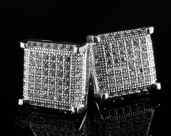 18K White Gold Bling Out Iced AAA Lab Diamond Micropave Square Stud Earring 11S