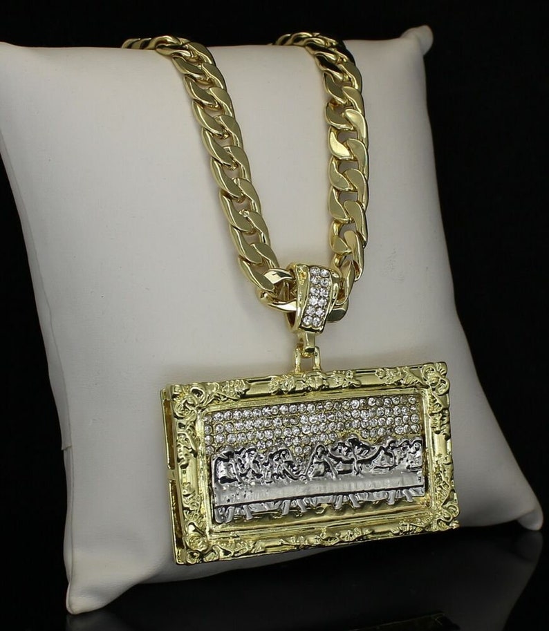 Mens 14k Gold Plated XL Last Supper Cz Pendant 30 Cuban Chain and