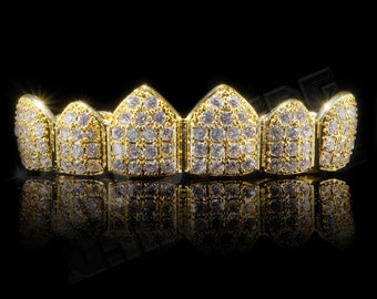 18K Gold Plated CZ Cluster Custom Slugs Top Bottom GRILLZ Mouth Teeth Grills Set