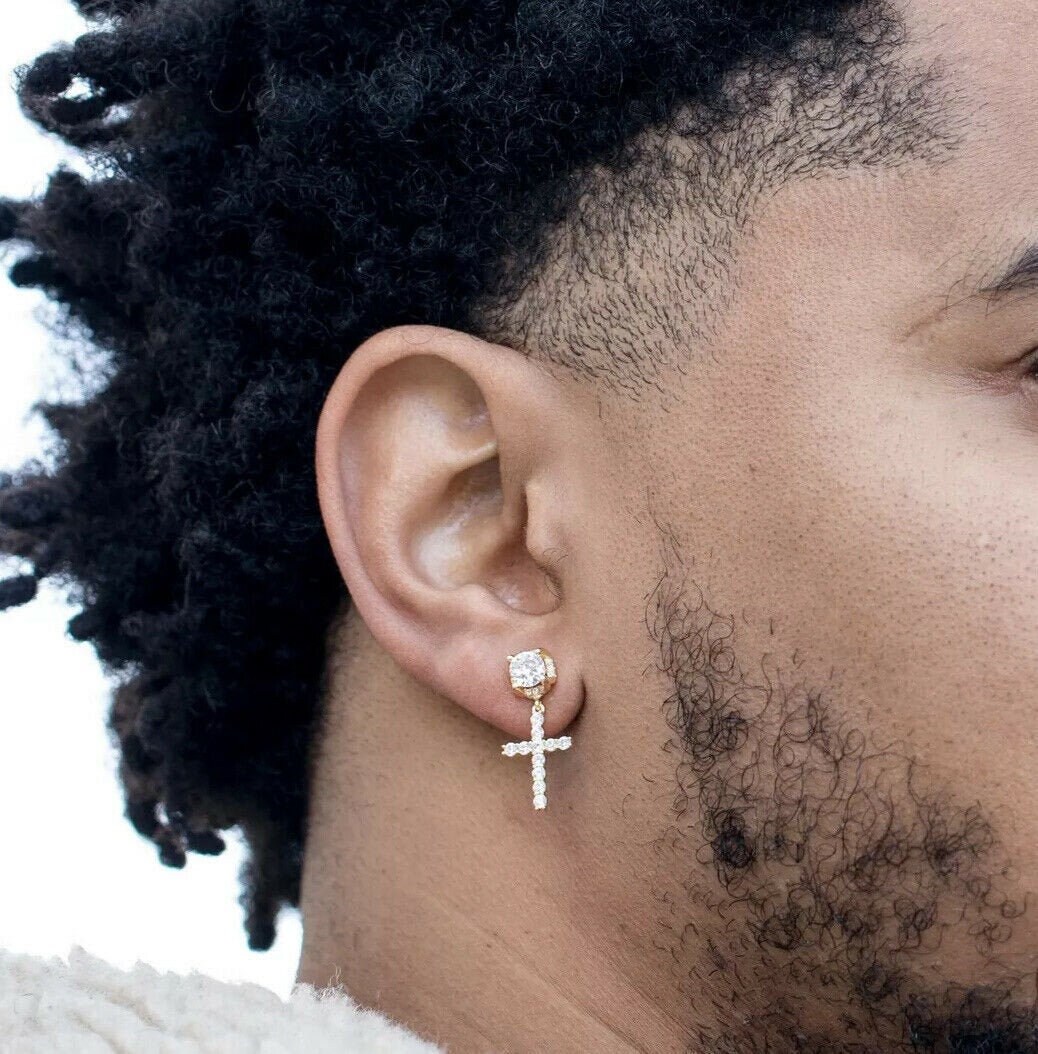 thumbnail image 2 of Men's Gold Plated Sterling Silver Screw Back Stud Cz Cross Dangle Hoop Earrings 2 of 4