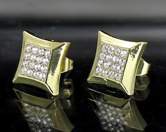 Men CZ Earrings Kite Iced 12mm Studs 14k Gold Plated Hip Hop Stainless Steel