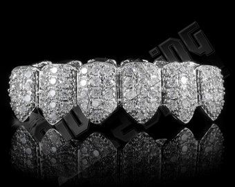 18K White Gold Bling Out Iced Custom GRILLZ Teeth Mouth Caps Top Bottom Grills