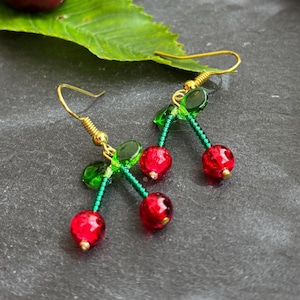 Trendy cherry red earrings, cute summer fruit fashion earrings, playful fruit earrings, handmade in the UK, birthday gift for her