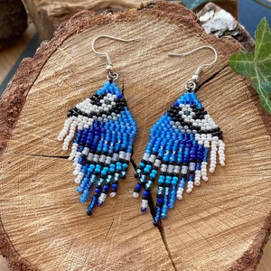 Blue jay-inspired beaded earrings, nature lover earrings gift, dangly bird fringe earrings, handmade in Britain, thanksgiving jewelry gift