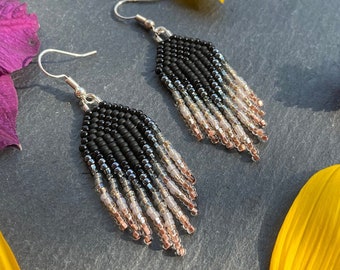 Black velvet and pink champagne ombre glass bead earrings, lightweight bronze Boho dangly earrings, mini earrings, UK designed and handmade