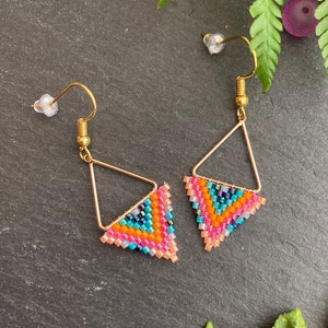 Mini dangly earrings, triangle beaded earrings, pink orange blue earrings, boho earrings, designed and handmade in the UK, brick stitch
