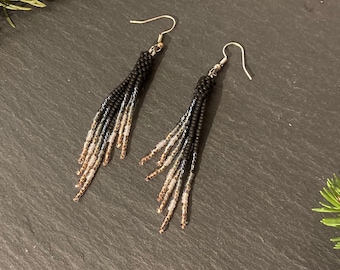 Black velvet and pink champagne ombre glass bead tassel earrings, lightweight bronze Boho dangly evening earrings, UK designed and handmade