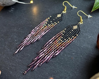 Handmade Long Fringe Earrings | Art-Deco Beaded Earrings | Amethyst & Topaz Colour | Statement Earrings | UK made | Perfect Gift for Her