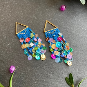 Pailletten Wasserfall Ohrringe: Handgemachte Perlenfransen, Upcycled Pailletten