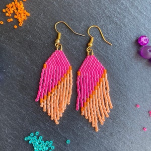 Pink & Orange Beaded Fringe Earrings, Lightweight Boho Miyuki Seed Beads