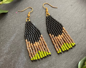 Abstract landscape earrings, mini beaded fringe earrings, sunset earrings, tan and black seed bead earrings, designed and handmade in the UK