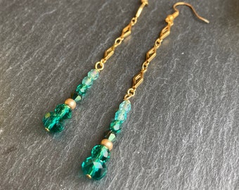 Drop earrings, gold colour chain and emerald green glass beads, pendulum earrings, rhombus chain, designed and made in the UK, gift for her