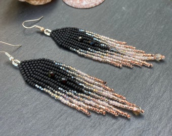 Black velvet and pink champagne ombre glass bead earrings, lightweight bronze Boho dangly earrings, evening wear, UK designed and handmade