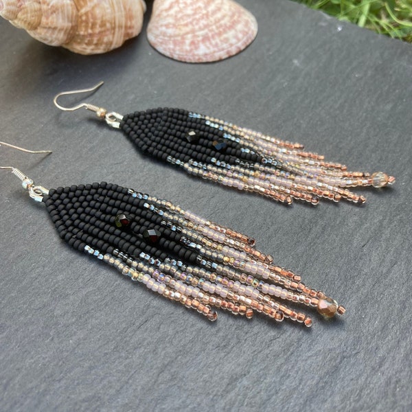 Black velvet and pink champagne ombre glass bead earrings, lightweight bronze Boho dangly earrings, evening wear, UK designed and handmade