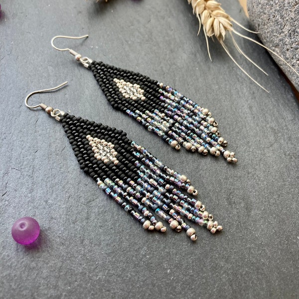 Silver purple and black earrings, silver diamond dangly fringe earrings, rainy day earrings, designed & handmade in the UK, gift for her