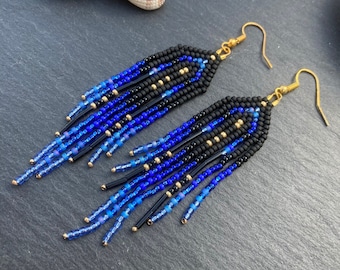 Blue Jay Inspired Seed Bead Fringe Earrings: Handmade Dangle Jewelry