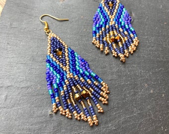 Navy blue and gold fringe earrings, dangly glass seed bead earrings, Boho chic, UK designed and handmade, peacock colour, statement earrings