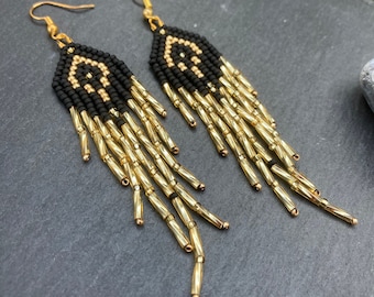 Super sparkly gold and black glass bead dangly earrings, comfortable and lightweight statement jewellery, designed and handmade in the UK
