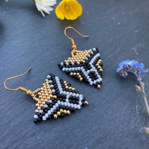 Yin Yang Triangle Beaded Earrings: Black White Miyuki Seed Bead Jewelry