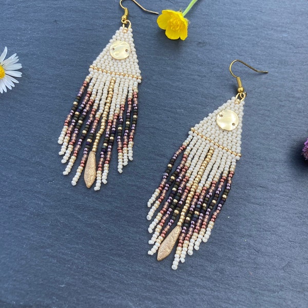 Boho Tan and gold glass bead fringe earrings, nature inspired beaded earrings, golden disk sun dangly earrings, UK designed and handmade