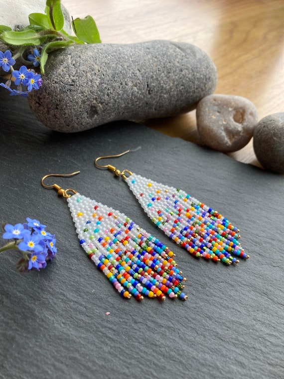 Confetti Beaded Fringe Earrings Fun Party Colourful Glass Bead Dangly Earrings Rainbow Streamer Earrings Designed and Handmade in the UK Etsy UK