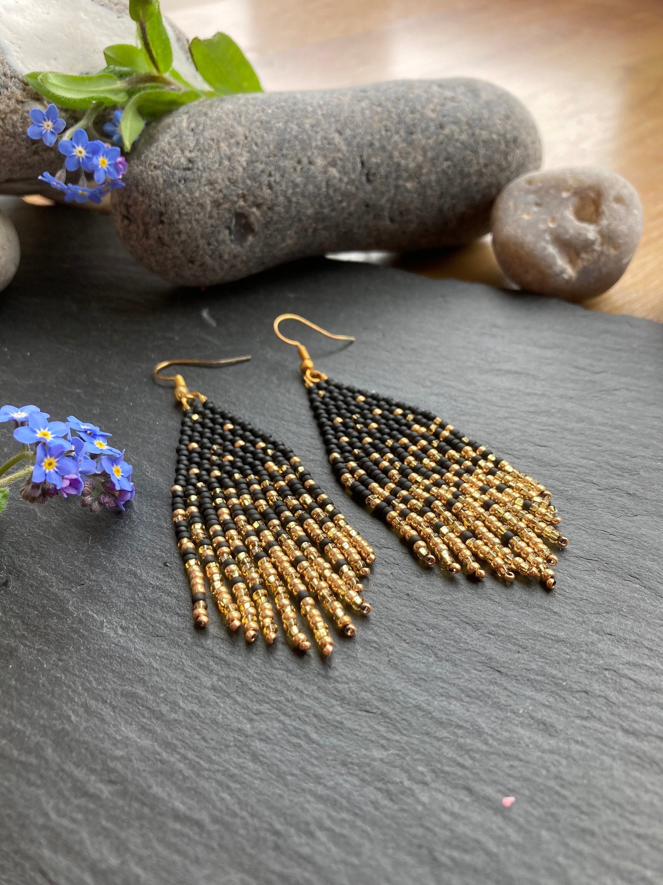 Starry night sky beaded fringe earrings, elegant black and gold glass dangly earrings, milky way earrings, designed & handmade in the UK