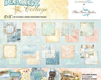 Blue Fern Studios | Classic Blue SEASIDE COTTAGE Paper Pack | 8 × 8" Paper Pad | 20 Double-Sided | 8×8" Sheets | Acid Free | Scrapbook | New