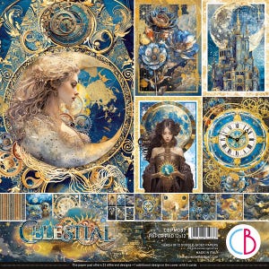 May include: A paper pad with a celestial theme, featuring illustrations of women, moons, clocks, and flowers in shades of blue, gold, and white. The pad includes various designs and the text "CELESTIAL" and "PAPER PAD 12x12".