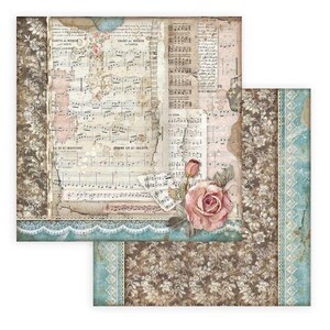 May include: Vintage-style scrapbook paper with a musical theme. The design features sheet music, floral accents, and a distressed aesthetic. The color palette includes beige, brown, and teal, with a large pink rose.