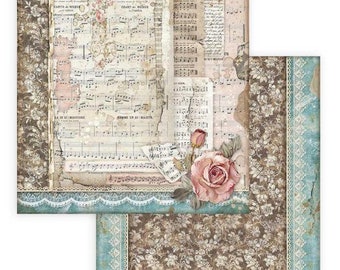 May include: Vintage-style scrapbook paper with a musical theme. The design features sheet music, floral accents, and a distressed aesthetic. The color palette includes beige, brown, and teal, with a large pink rose.