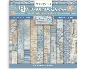 May include: A package of double-sided scrapbook paper sheets. The "Backgrounds Selection" features a "Silent Sea" theme with various blue, beige, and white patterns. Each sheet measures 8 x 8 inches and is suitable for card making and journaling.