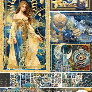 May include: A Celestial themed A4 paper pad featuring a woman in a blue and gold gown, a hot air balloon, a castle, and a moon. The cover displays the text CELESTIAL, CBCL087, and a barcode. It includes 17 design pages of ephemera and 4 cards.