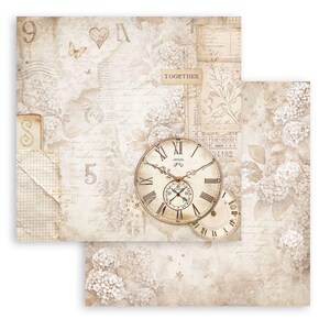 May include: Two sheets of scrapbook paper with a vintage theme. The paper features a cream background with floral and script patterns, along with a clock, numbers, and the word "TOGETHER". The design includes a heart, butterfly, and calendar.
