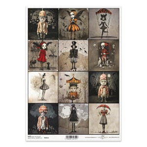 May include: A sheet of paper featuring a grid of twelve whimsical illustrations. Each square depicts a unique character in a dark, gothic style, with elements of fantasy and Halloween themes. The color palette is muted, with shades of gray, brown, and touches of red and orange.
