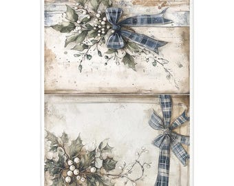 May include: Decorative paper with a vintage aesthetic. The design features watercolor illustrations of holly, white berries, and plaid bows in shades of blue, green, and white. The paper has a distressed, aged appearance.
