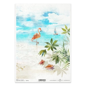 May include: A watercolor painting of a pink flamingo standing on a white sandy beach with blue ocean water in the background. There are green palm trees and seashells on the beach. The painting has a light and airy feel.